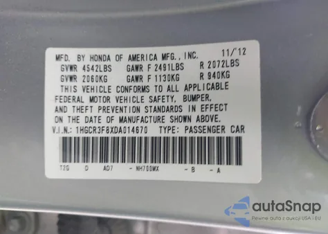 2013 Honda Accord Ex-L V-6 из США, поврежденный, VIN 1HGCR3F8XDA014670